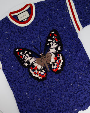 Gucci Blue Lace Top with Red & White Stripes & Butterfly Embroidery Detail Size M IT 42 (UK 10)