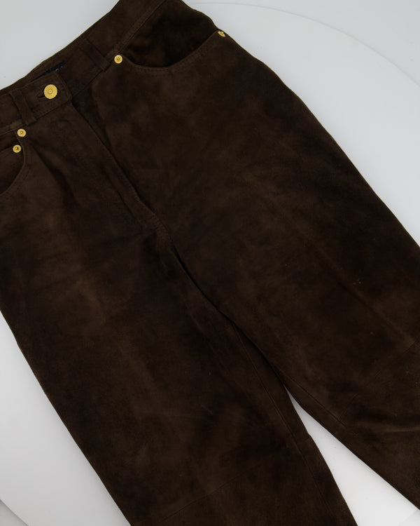 Gucci Chocolate Brown Suede Trousers with GG Print Logo Pocket Detail Size IT 42 (UK 10)