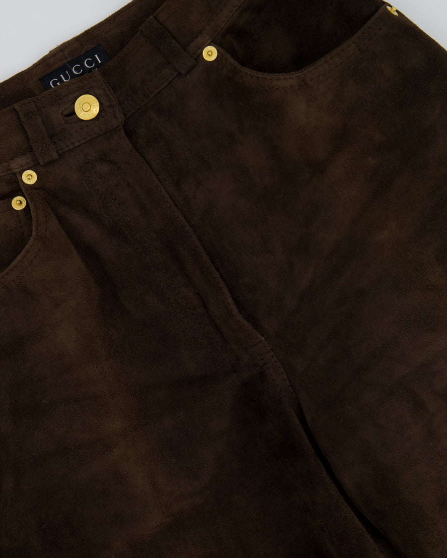 Gucci Chocolate Brown Suede Trousers with GG Print Logo Pocket Detail Size IT 42 (UK 10)