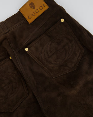 Gucci Chocolate Brown Suede Trousers with GG Print Logo Pocket Detail Size IT 42 (UK 10)