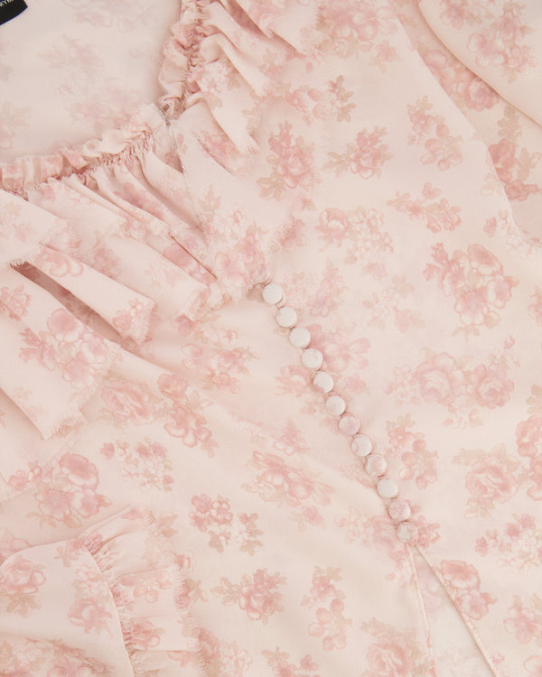 Magda Butrym Pink Ruffled Silk Floral Long-Sleeve Asymmetrical Blouse Size FR 38 (UK 10)