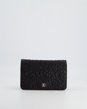 Chanel Black Lambskin Wallet on Chain Bag with Camelia Embossed Detail with Silver Hardware