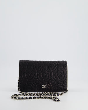 Chanel Black Lambskin Wallet on Chain Bag with Camelia Embossed Detail with Silver Hardware