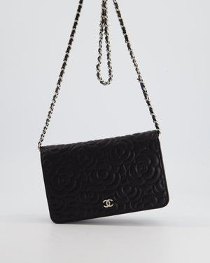 Chanel Black Lambskin Wallet on Chain Bag with Camelia Embossed Detail with Silver Hardware