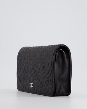 Chanel Black Lambskin Wallet on Chain Bag with Camelia Embossed Detail with Silver Hardware