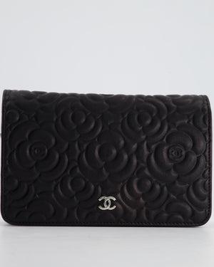 Chanel Black Lambskin Wallet on Chain Bag with Camelia Embossed Detail with Silver Hardware