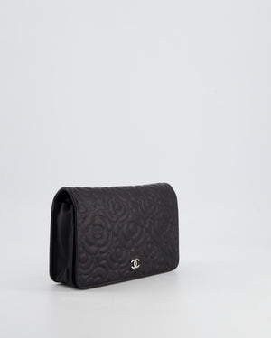 Chanel Black Lambskin Wallet on Chain Bag with Camelia Embossed Detail with Silver Hardware