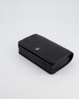 Chanel Black Lambskin Wallet on Chain Bag with Camelia Embossed Detail with Silver Hardware