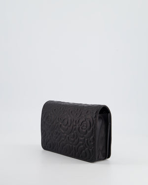 Chanel Black Lambskin Wallet on Chain Bag with Camelia Embossed Detail with Silver Hardware