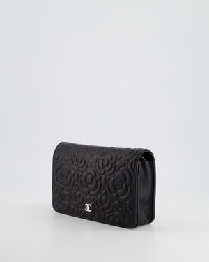 Chanel Black Lambskin Wallet on Chain Bag with Camelia Embossed Detail with Silver Hardware