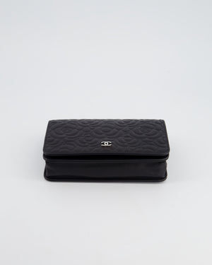 Chanel Black Lambskin Wallet on Chain Bag with Camelia Embossed Detail with Silver Hardware