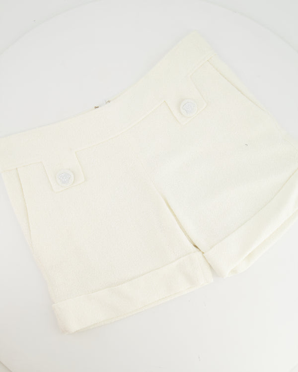 Versace White Tweed Shorts with Medusa Button Detailing Size IT 38 (UK 6)