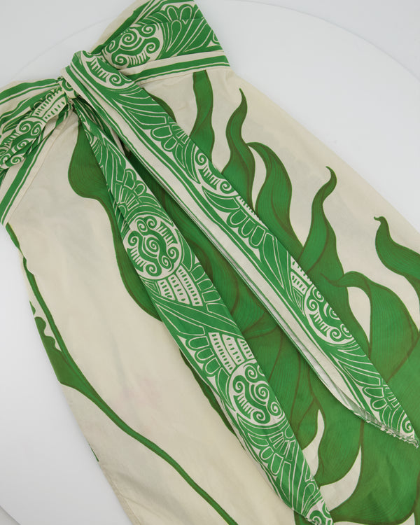 Johanna Ortiz Cream and Green Leaf Print Strapless Cotton Dress Size S (UK 8)