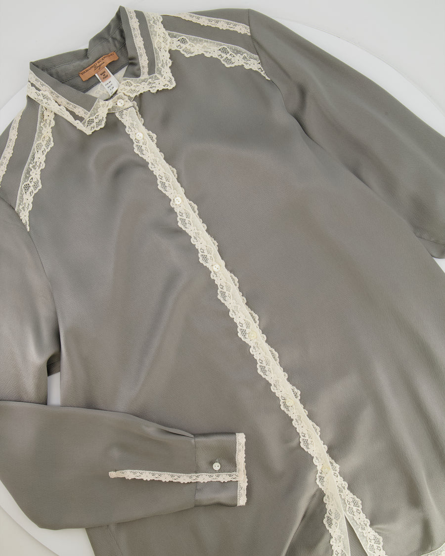 Ermanno Scervino Grey Silk Lingerie Long-Sleeve Shirt with Lace Details Size IT 42 (UK 10)