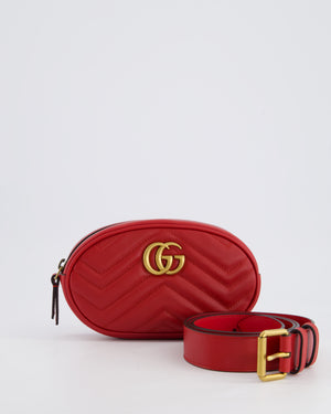 Gucci Marmont Red Chevron Mini Belt Bag with Antique Gold Hardware