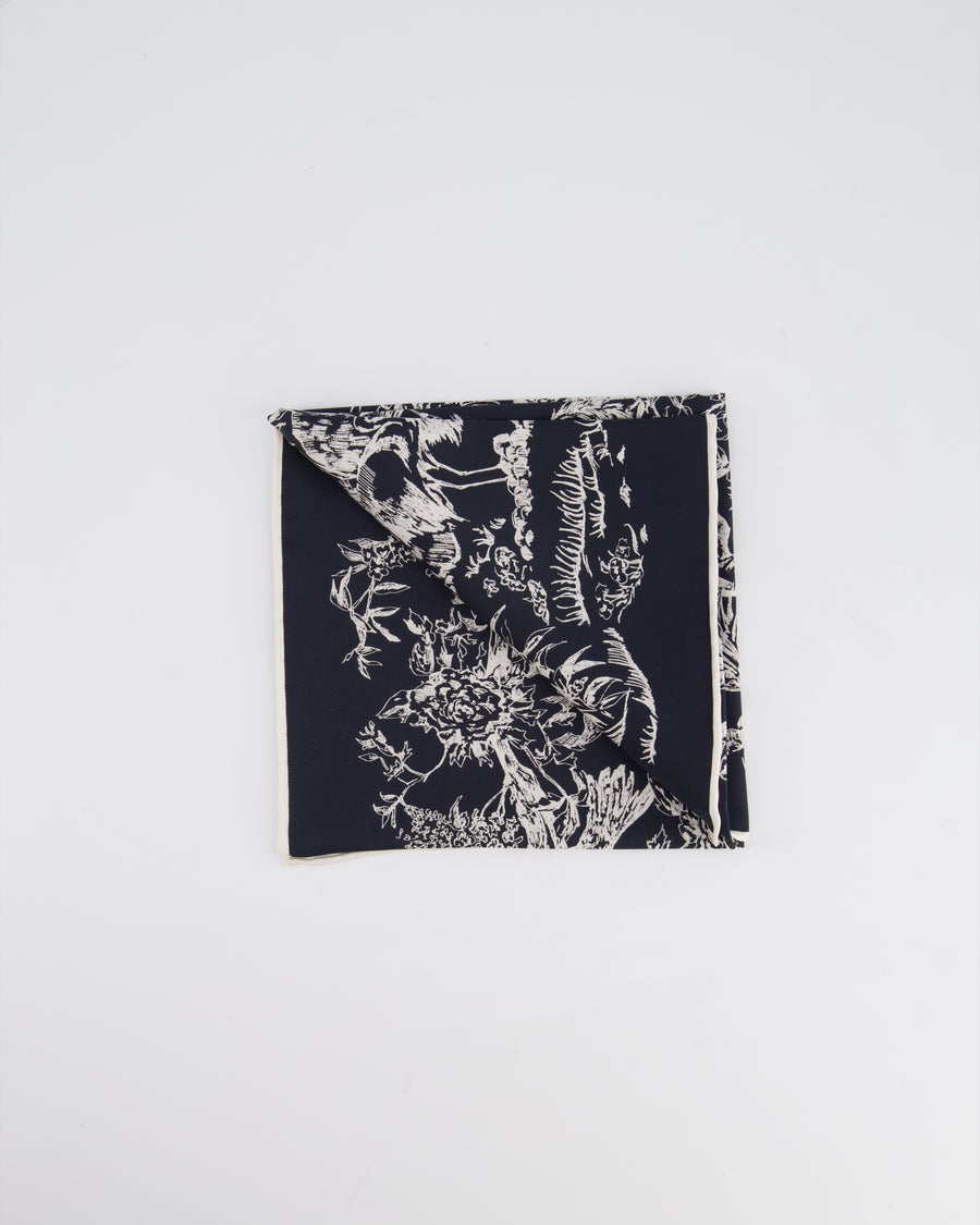 Christian Dior Navy, White Floral Printed Silk Scarf 55cm x 55cm