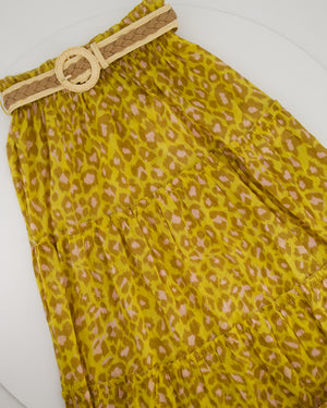 Zimmermann Lemon Leopard Carnaby Tiered Skirt with Raffia Belt Size 1 (UK 10)