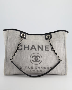 Chanel Black and Grey Small Deauville Tote Bag in Raffia with Silver Hardware