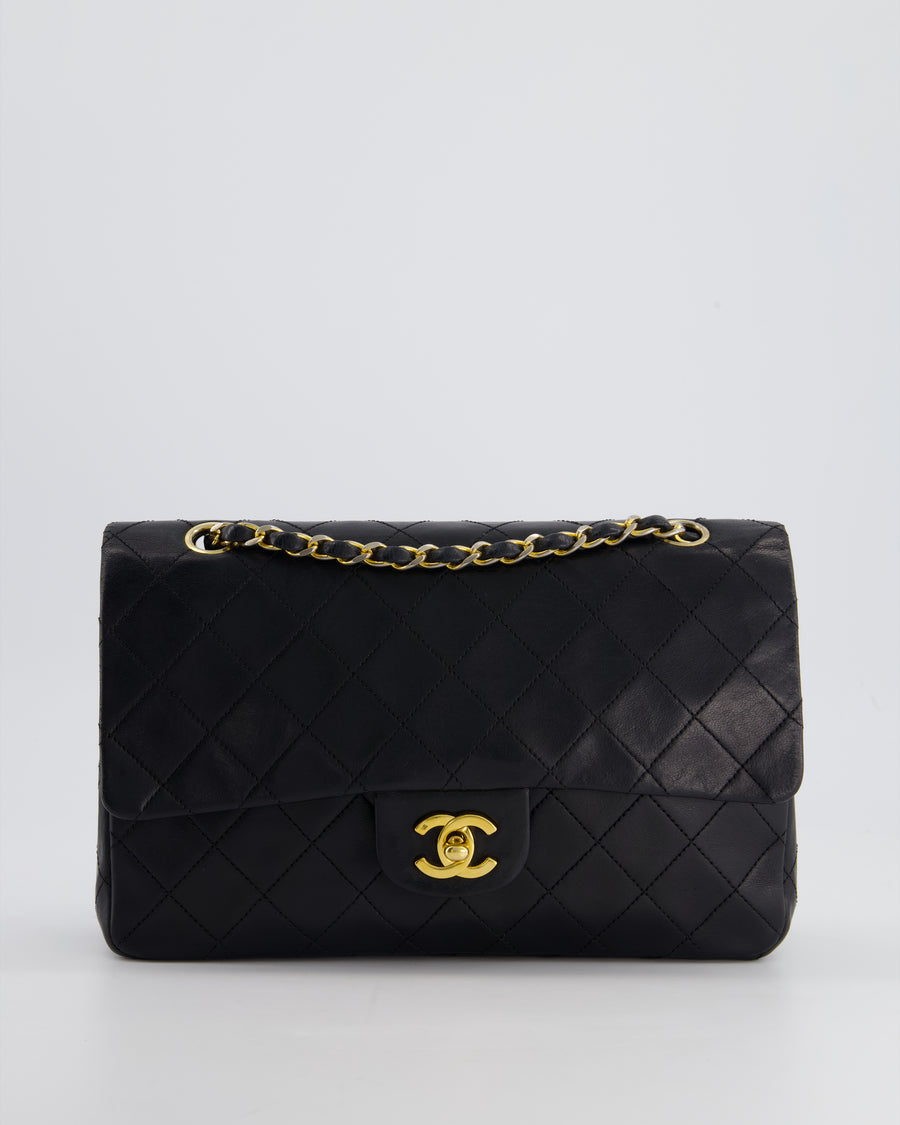 Chanel Vintage Black Classic Medium Double Flap Bag in Lambskin Leather with 24K Gold Hardware