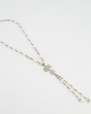 Chanel Silver Pearl & Crystal Choker Necklace with Bow & CC Detail