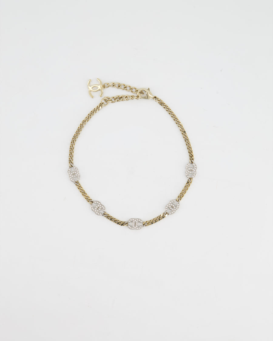 Chanel Champagne Gold & Silver Crystal CC Choker Necklace