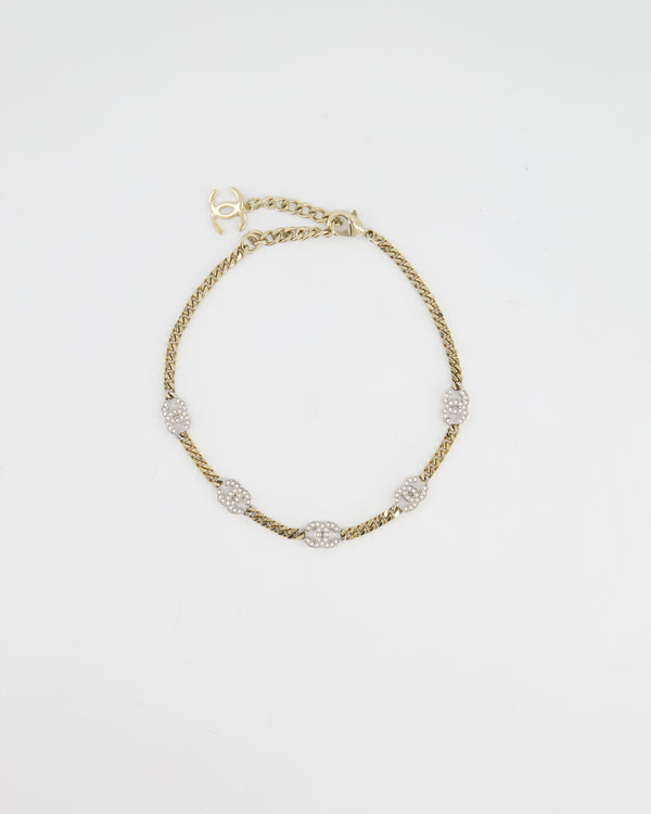 Chanel Champagne Gold & Silver Crystal CC Choker Necklace