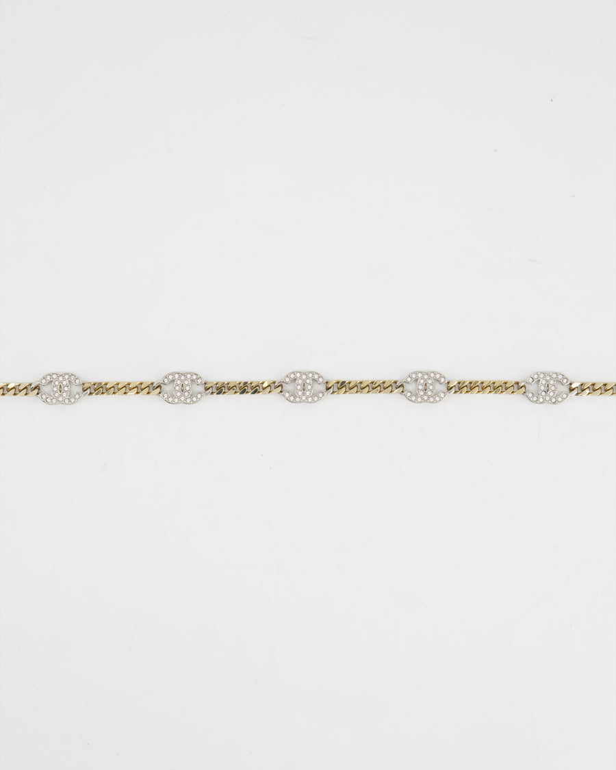 Chanel Champagne Gold & Silver Crystal CC Choker Necklace