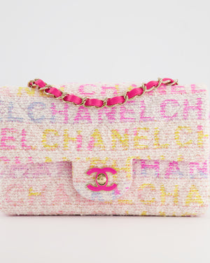 Chanel White Tweed Mini Rectangular Single Flap Bag with Multi-Colour Logo Detail and Champagne Gold and Pink Hardware with Pink Leather Interior