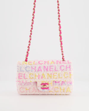 Chanel White Tweed Mini Rectangular Single Flap Bag with Multi-Colour Logo Detail and Champagne Gold and Pink Hardware with Pink Leather Interior