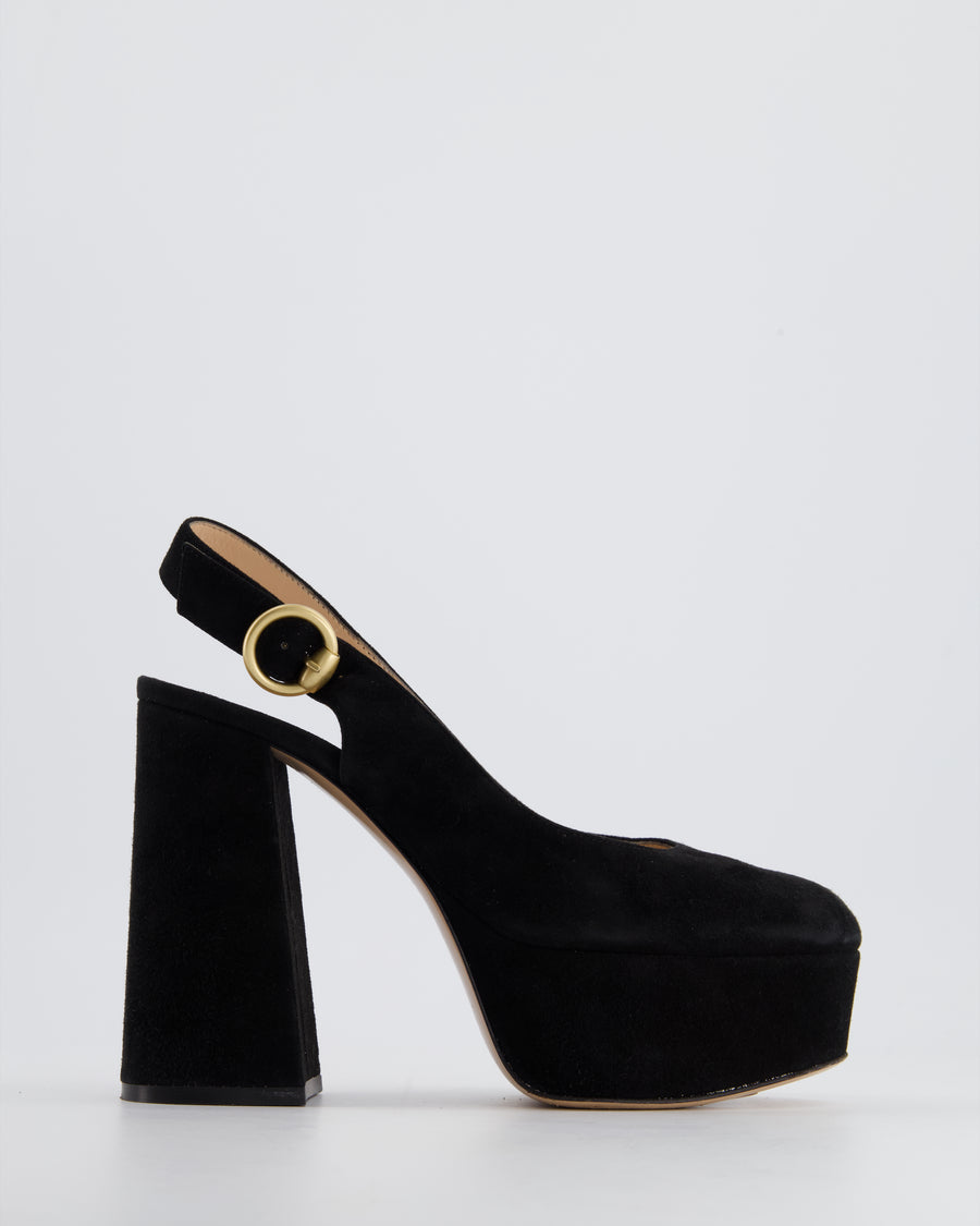 Gianvito Rossi Black Platform Suede Block Heels With Gold Buckle Detail Size EU 38