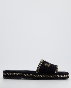 Chanel Black Rope Woven Flat Sandals with Gold Chain Trim and CC Logo Size EU 39