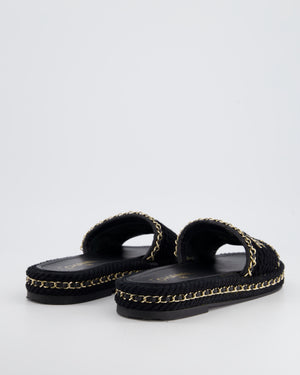 Chanel Black Rope Woven Flat Sandals with Gold Chain Trim and CC Logo Size EU 39