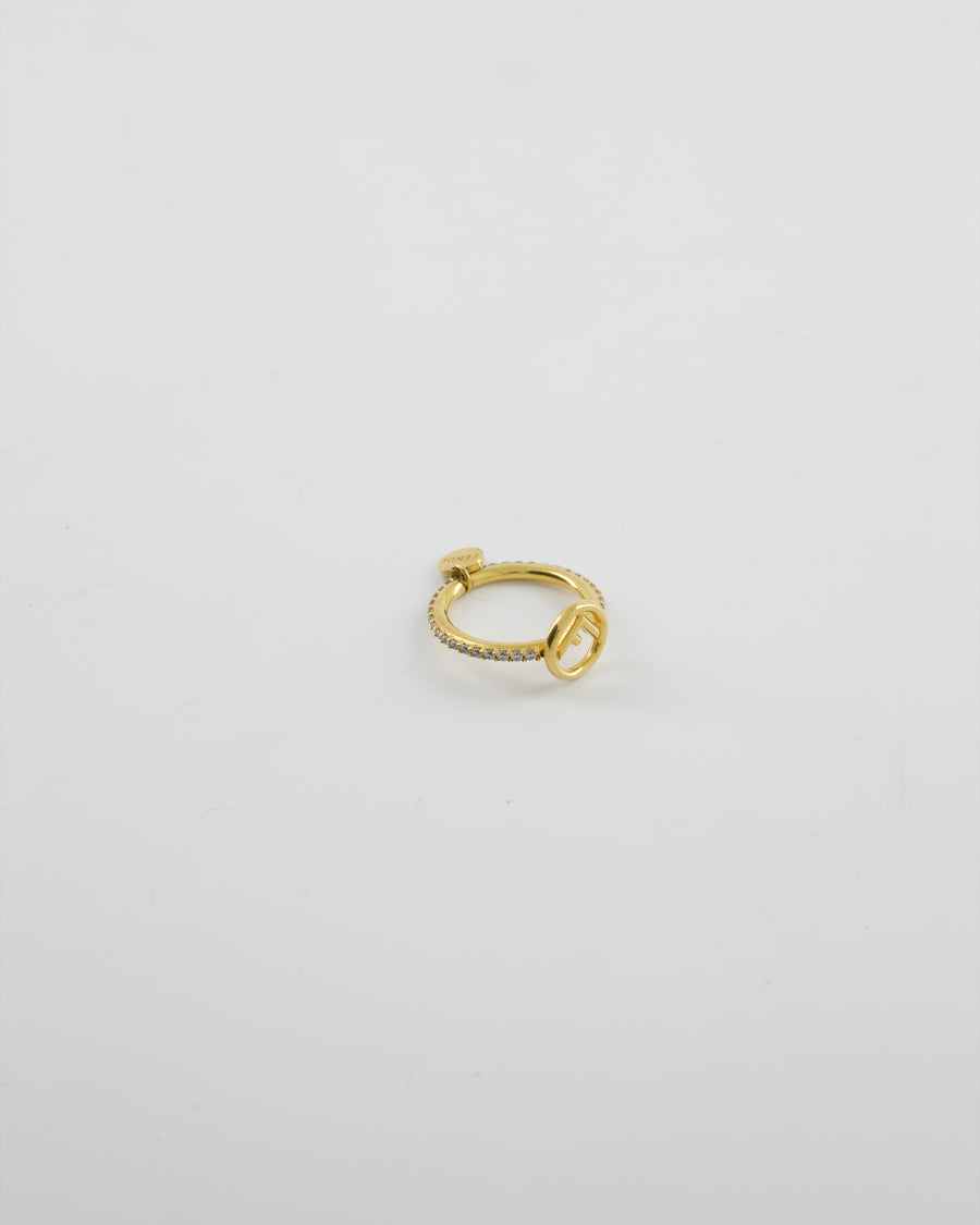 Fendi Gold Crystal Ring with F Logo Detail