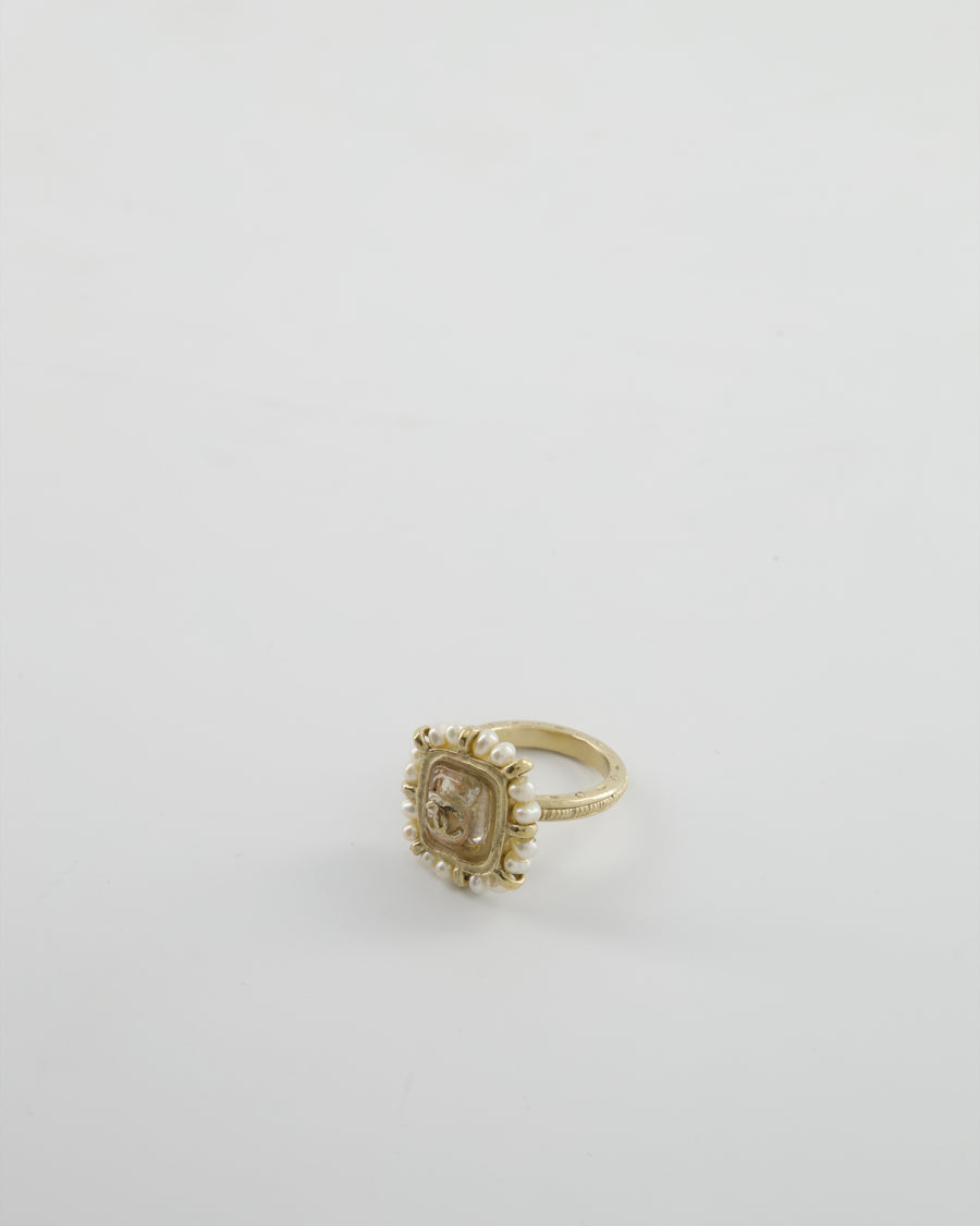 Chanel Antique Champagne Gold Square Ring with Pearl and CC Logo Detail