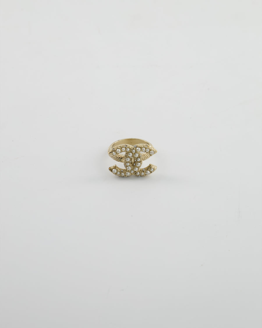 Chanel Antique Champagne Gold Textured Ring with Pearl CC Logo