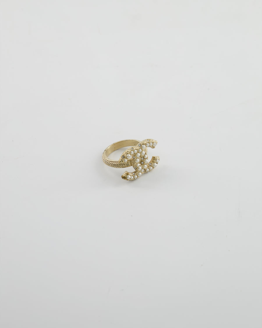 Chanel Antique Champagne Gold Textured Ring with Pearl CC Logo