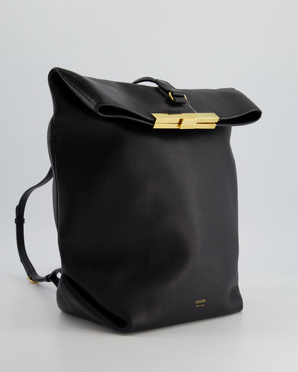 Khaite Black Leather Iris Backpack with Gold Logo Engraved Clasp Fastening and Adjustable Straps