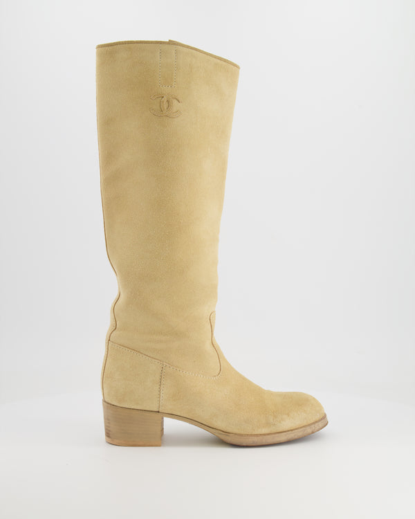 Chanel Beige Suede Heeled Knee-High Boots with CC Logo Detail Size EU 39