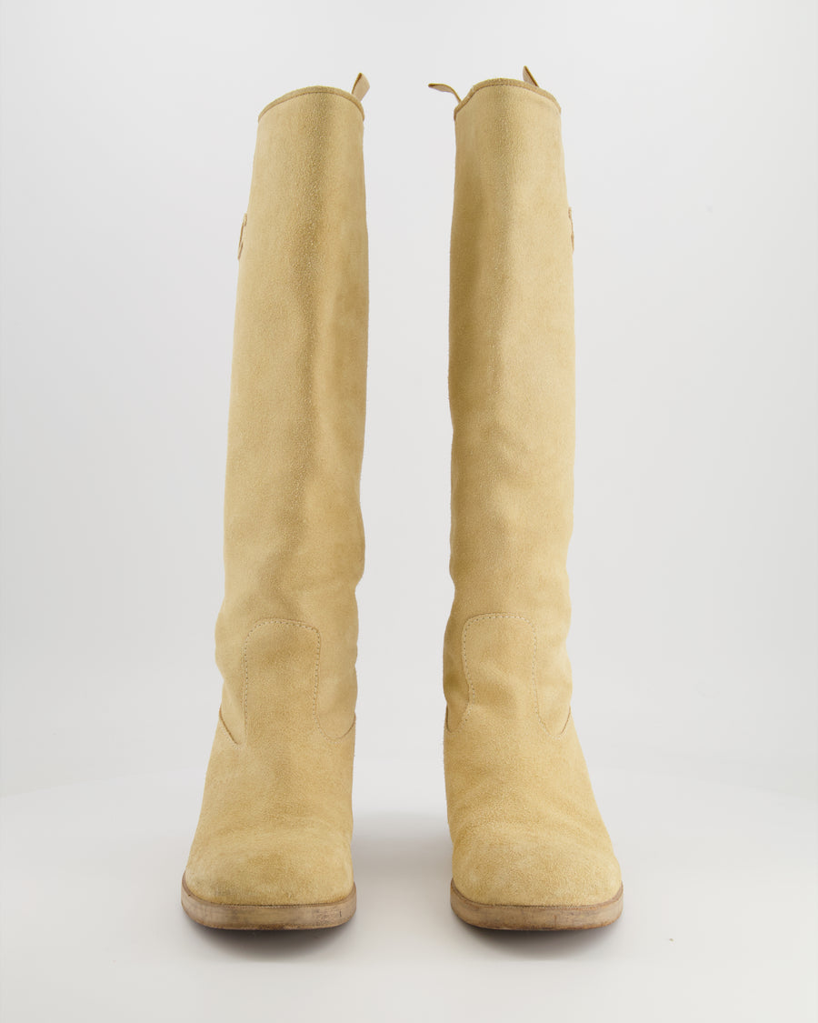 Chanel Beige Suede Heeled Knee-High Boots with CC Logo Detail Size EU 39