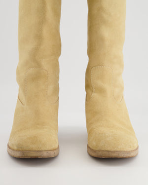 Chanel Beige Suede Heeled Knee-High Boots with CC Logo Detail Size EU 39