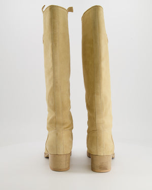 Chanel Beige Suede Heeled Knee-High Boots with CC Logo Detail Size EU 39