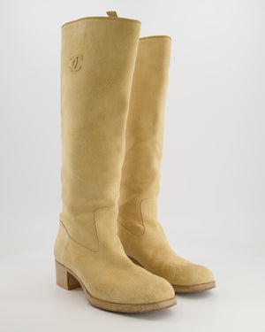 Chanel Beige Suede Heeled Knee-High Boots with CC Logo Detail Size EU 39