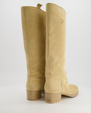 Chanel Beige Suede Heeled Knee-High Boots with CC Logo Detail Size EU 39