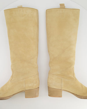 Chanel Beige Suede Heeled Knee-High Boots with CC Logo Detail Size EU 39