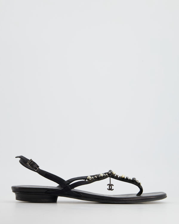 Chanel Black Embellished Leather Ankle Strap Sandals with CC Charm Detail Size EU 41