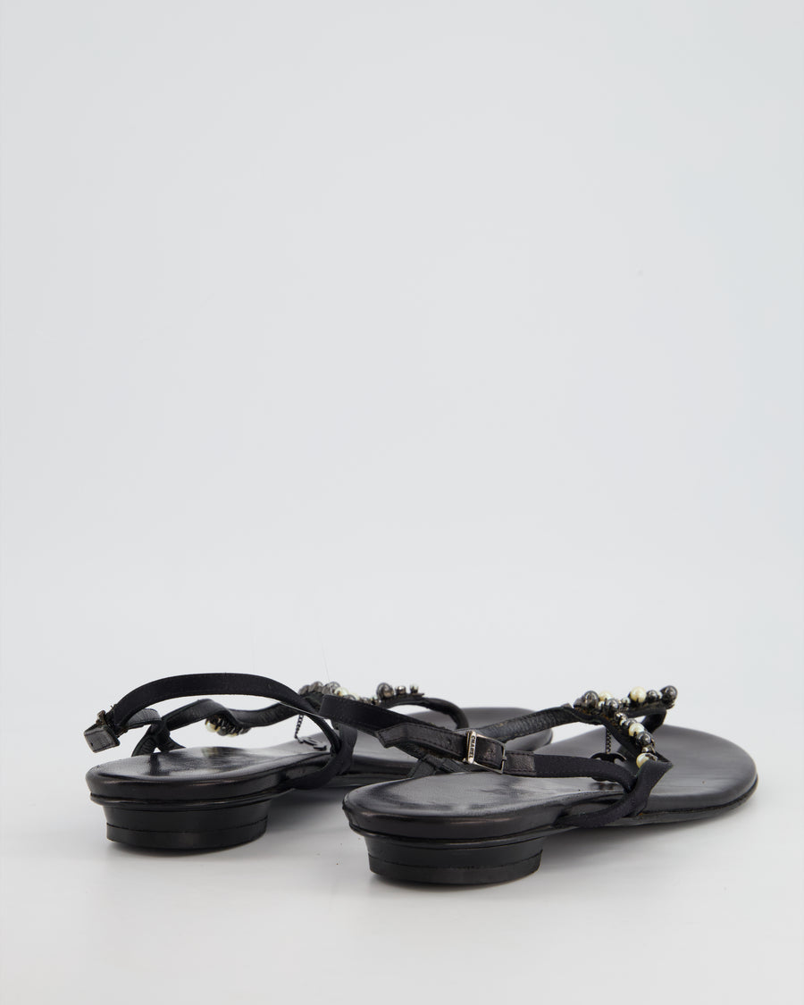 Chanel Black Embellished Leather Ankle Strap Sandals with CC Charm Detail Size EU 41