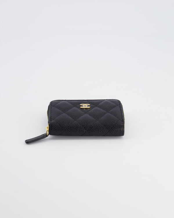 Chanel Black Quilted Caviar Zip Around Coin Wallet in Calfskin Leather with Gold Hardware