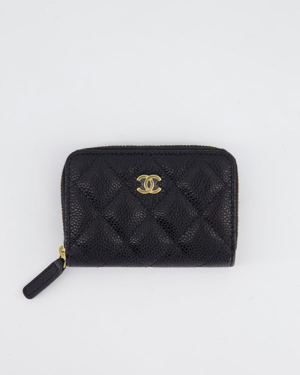 Chanel Black Quilted Caviar Zip Around Coin Wallet in Calfskin Leather with Gold Hardware