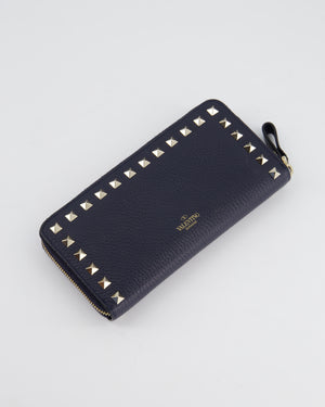 Valentino Navy Rockstud Zip Around Wallet with Champagne Gold Hardware