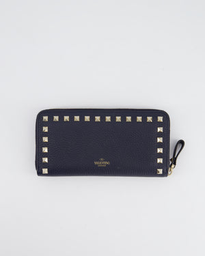 Valentino Navy Rockstud Zip Around Wallet with Champagne Gold Hardware